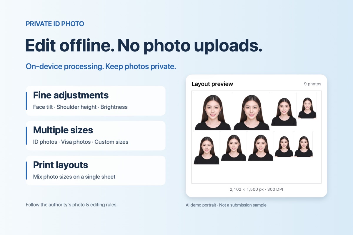 Version 1.2 feature preview: offline editing, face tilt and shoulder controls, multiple sizes, and a sheet of nine demonstration portraits.