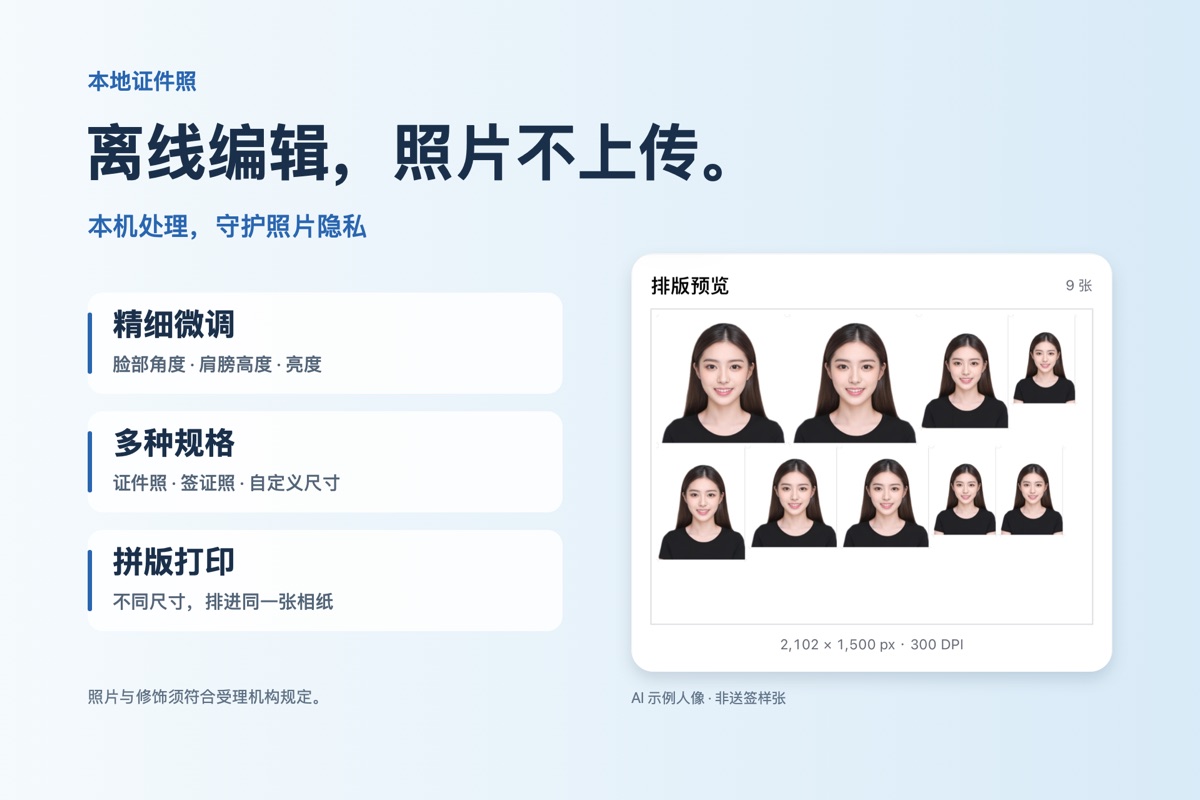 1.2 功能预览：离线编辑，调整脸部角度、肩膀高度和亮度，多种规格拼进同一张相纸。
